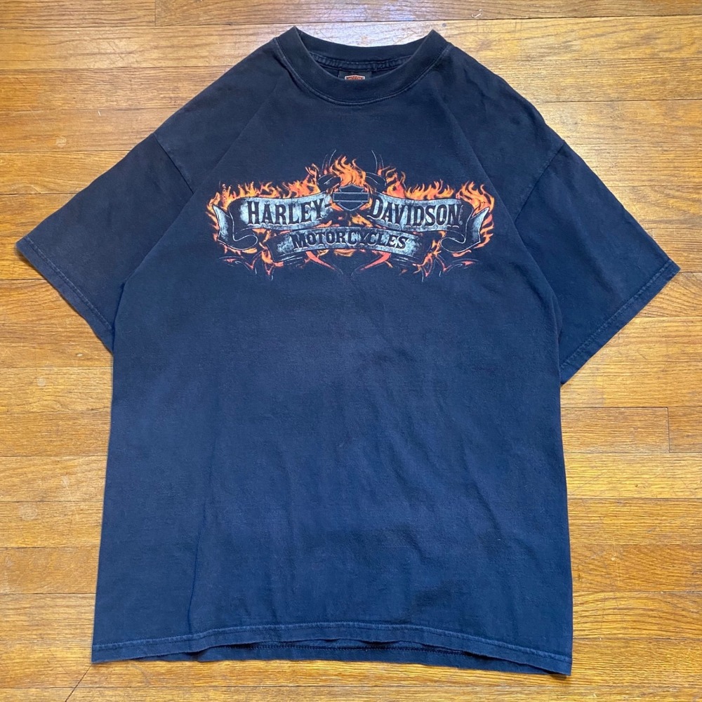 Vintage Y2K Harley Davidson Flame Graphic Tshirt Faded Black Mens Large